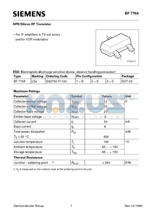 BF770A datasheet - NPN Silicon RF Transistor (For IF amplifiers in TV-sat tuners and for VCR modulators)
