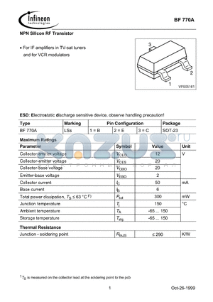 BF770A datasheet - NPN Silicon RF Transistor