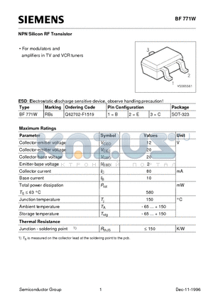 BF771W datasheet - NPN Silicon RF Transistor (For modulators and amplifiers in TV and VCR tuners)