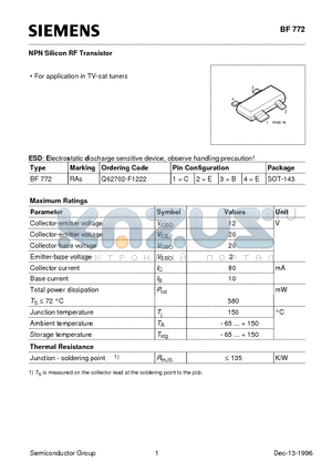 BF772 datasheet - NPN Silicon RF Transistor (For application in TV-sat tuners)