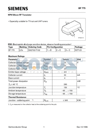 BF775 datasheet - NPN Silicon RF Transistor (Especially suitable for TV-sat and UHF tuners)