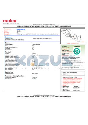 08-58-0135 datasheet - KK^ Crimp Terminal 8818, 18-22 AWG, Reel, Phosphor Bronze Selective Gold (Au)