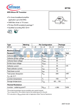 BF799 datasheet - NPN Silicon RF Transistor