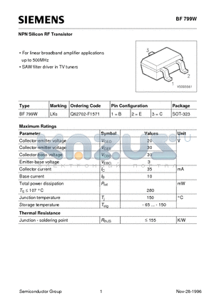 BF799W datasheet - NPN Silicon RF Transistor (For linear broadband amplifier applications up to 500MHz SAW filter driver in TV tuners)