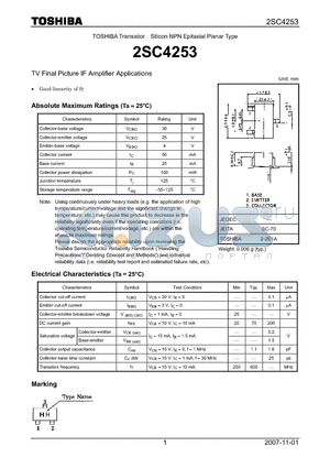 2SC4253 datasheet - Silicon NPN Epitaxial Planar Type TV Final Picture IF Amplifier Applications