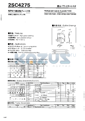 2SC4275 datasheet - TRIPLE DIFFUSED PLANER TYPE HIGH VOLTAGE HIGH SPEED SWITCHING
