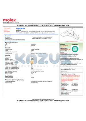 08-70-0106 datasheet - Board-In Crimp Terminal , Series 5298, Male, with Tin (Sn) Plated Brass Contact, 18-22 AWG, 1.70 to 3.05mm (.067 to.120