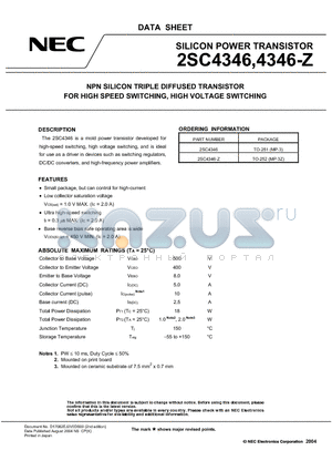 2SC4346 datasheet - NPN SILICON TRIPLE DIFFUSED TRANSISTOR FOR HIGH SPEED SWITCHING, HIGH VOLTAGE SWITCHING