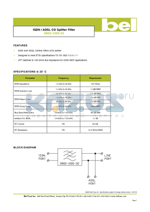 0802-1000-32 datasheet - ISDN / ADSL CO Splitter Filter