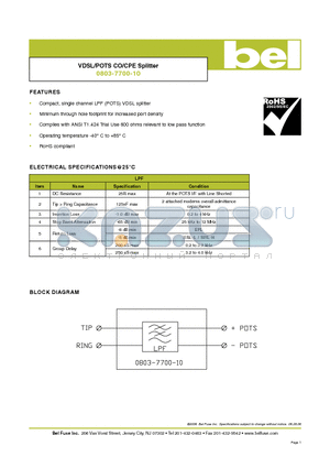 0803-7700-10 datasheet - VDSL/POTS CO/CPE Splitter