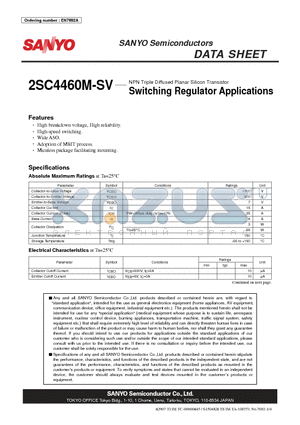 2SC4460M-SV datasheet - NPN Triple Diffused Planar Silicon Transistor Switching Regulator Applications