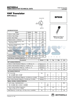 BF959 datasheet - VHF Transistor(NPN)