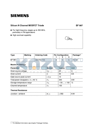 BF987 datasheet - SILICON N CHANNEL MOSFET TRIODE (For high-frequency stages up to 300 MHz, preferably in FM applications High overload capability)