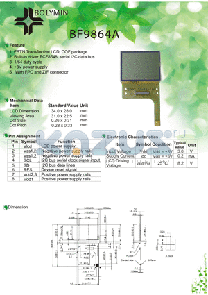 BF9864A datasheet - FSTN Transflective LCD, COF package Built-in driver PCF8548, serial I2C data bus