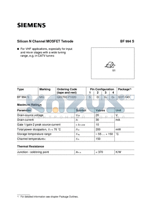 BF994 datasheet - Silicon N Channel MOSFET Tetrode (For VHF applications, especially for input and mixer stages with a wide tuning range, e.g. in CATV tuners)