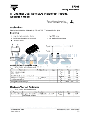 BF995 datasheet - N-Channel Dual Gate MOS-Fieldeffect Tetrode, Depletion Mode