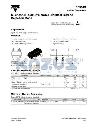 BF996S datasheet - N.Channel Dual Gate MOS-Fieldeffect Tetrode, Depletion Mode