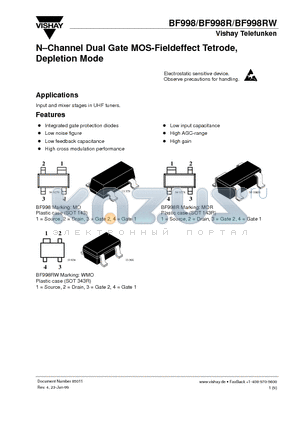 BF998 datasheet - N-Channel Dual Gate MOS-Fieldeffect Tetrode, Depletion Mode