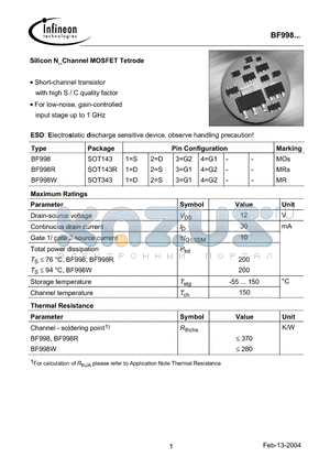 BF998R datasheet - Silicon N-Channel MOSFET Tetrode