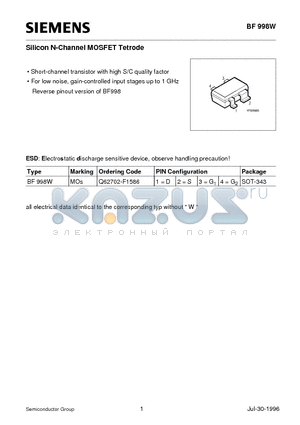 BF998W datasheet - Silicon N-Channel MOSFET Tetrode (Short-channel transistor with high S/C quality factor)