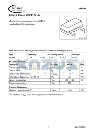BF999 datasheet - Silicon N-Channel MOSFET Triode