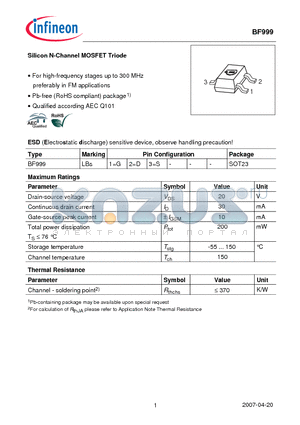 BF999 datasheet - Silicon N-Channel MOSFET Triode