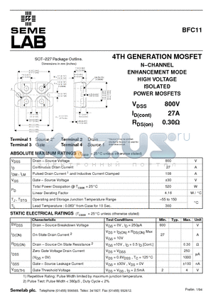 BFC11 datasheet - 4TH GENERATION MOSFET N-CHANNEL ENHANCEMENT MODE HIGH VOLTAGE ISOLATED POWER MOSFETS