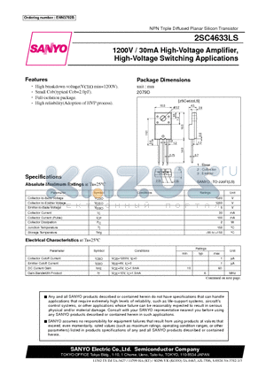 2SC4633LS datasheet - 1200V/30mA High-Voltage Amplifier,High-Voltage Switching Applications