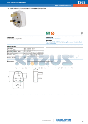 1363-H-ABC0-D-EJ datasheet - UK Power (Mains) Plug, Cord Connector (Rewireable), 3 pole, Angled