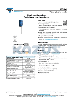 136RVI_12 datasheet - Aluminum Capacitors Radial Very Low Impedance