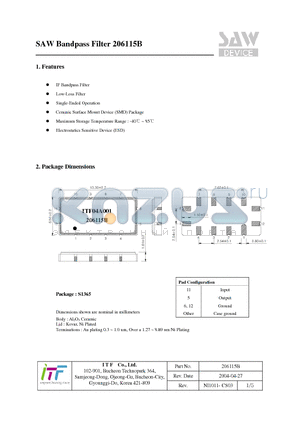 206115B datasheet - SAW Bandpass Filter