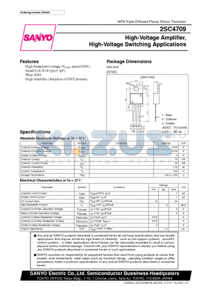 2SC4709 datasheet - High-Voltage Amplifier, High-Voltage Switching Applications