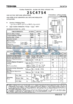 2SC4754 datasheet - NPN TRIPLE DIFFUSED TYPE (HIGH VOLTAGE SWITCHING, HIGH SPEED DC-DC CONVERTER AND SWITCHING REGULATOR APPLICATIONS)