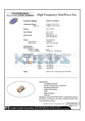 CCO-983-500.000 datasheet - 9X14 mm SMD,3.3V/5V, SineWave