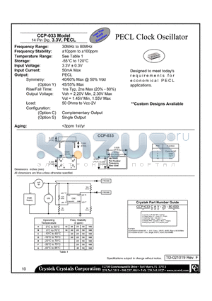 CCP-033 datasheet - 14 Pin Dip, 3.3V, PECL PECL Clock Oscillator