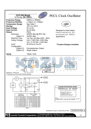 CCP-050 datasheet - 14 Pin Dip, 5V, PECL PECL Clock Oscillator