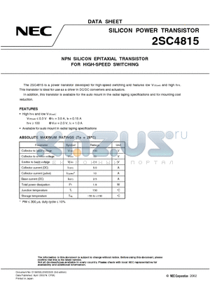 2SC4815 datasheet - NPN SILICON EPITAXIAL TRANSISTOR FOR HIGH-SPEED SWITCHING