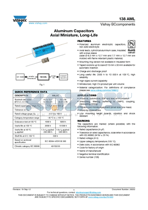 138AML datasheet - Aluminum Capacitors Axial Miniature, Long-Life