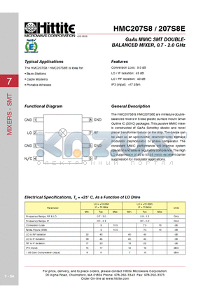 207S8E datasheet - GaAs MMIC SMT DOUBLEBALANCED MIXER, 0.7 - 2.0 GHz