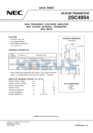2SC4954 datasheet - HIGH FREQUENCY LOW NOISE AMPLIFIER NPN SILICON EPITAXIAL TRANSISTOR MINI MOLD