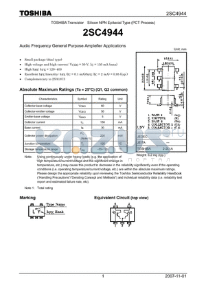 2SC4944 datasheet - Silicon NPN Epitaxial Type (PCT Process) Audio Frequency General Purpose Amplefier Applications