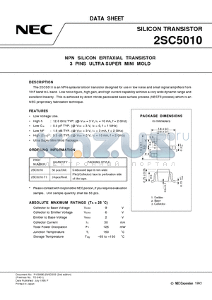 2SC5010-T1 datasheet - NPN SILICON EPITAXIAL TRANSISTOR 3 PINS ULTRA SUPER MINI MOLD