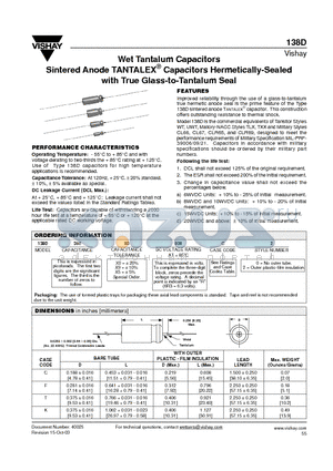 138D187X0025T2 datasheet - Wet Tantalum Capacitors Sintered Anode TANTALEX Capacitors Hermetically-Sealed with True Glass-to-Tantalum Seal