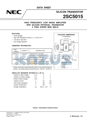 2SC5015 datasheet - HIGH FREQUENCY LOW NOISE AMPLIFIER NPN SILICON EPITAXIAL TRANSISTOR 4 PINS SUPER MINI MOLD