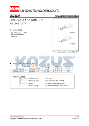 2SC5027 datasheet - HIGH VOLTAGE AND HIGH RELIABILITY