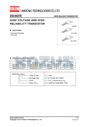 2SC5027EL-X-TF3-T datasheet - HIGH VOLTAGE AND HIGH RELIABILITY TRANSISTOR