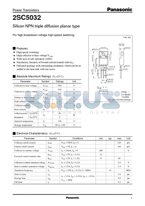 2SC5032 datasheet - Silicon NPN triple diffusion planar type(For high breakdown voltage high-speed switching)