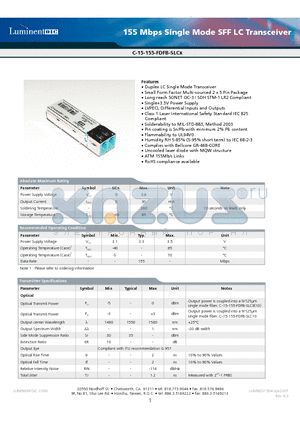 C-15-155-FDFB-SLC10A-G5 datasheet - 155 Mbps Single Mode SFF LC Transceiver