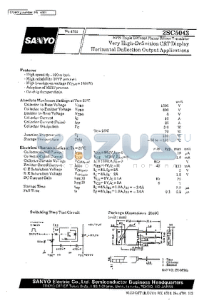 2SC5043 datasheet - Very High-Definition CRT Display Horizontal Deflection Output Applications
