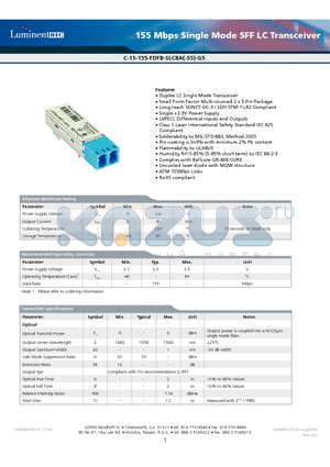 C-15-155-FDFB-SLC8A-G5 datasheet - 155 Mbps Single Mode SFF LC Transceiver